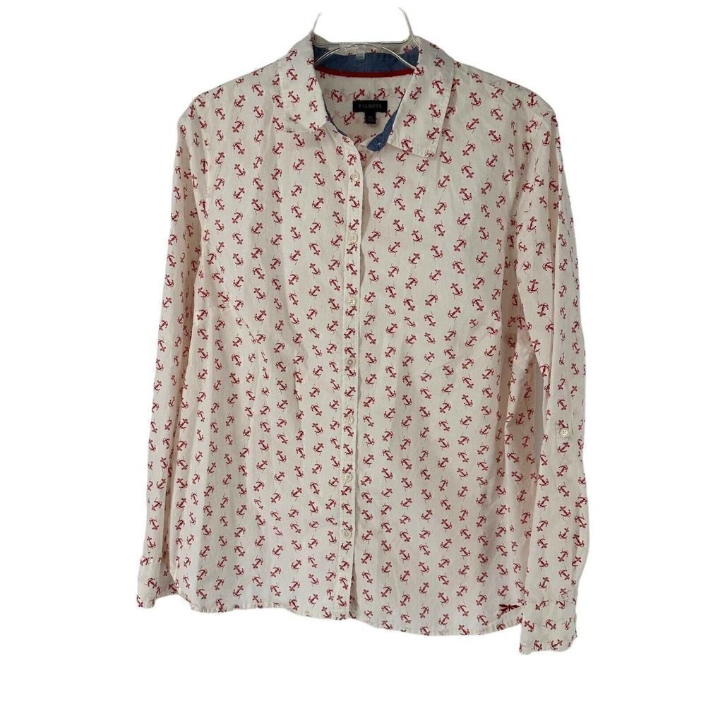 Talbots Button Up Shirt Womens Size 14 Long Sleeve White Anchor Pattern Cotton